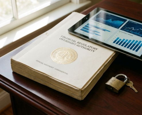 Officieel document met reliëfzegel en tablet met financiële grafieken op mahonieburo, met koperen hangslot als veiligheidssymbool