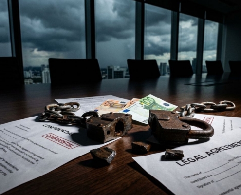gebroken-slot-bedrijfsbeveiliging-crisisjpg - Hoek en Blok.IT - Hoek en Blok.IT Gebroken ijzeren hangslot met verspreide kettingschakels op juridische documenten en eurobiljetten in boardroom