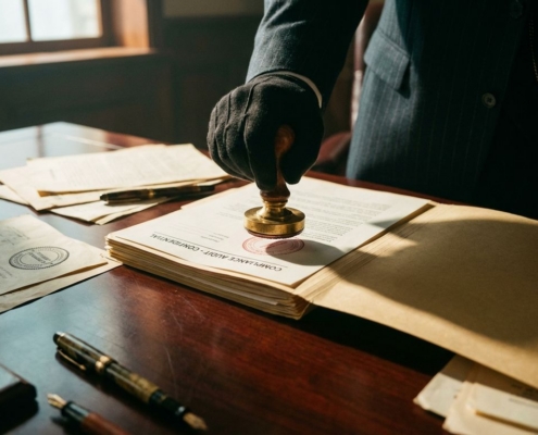 Officiële hand drukt koperen inspectiestempel op compliance-documenten op mahonie bureau met dramatische belichting