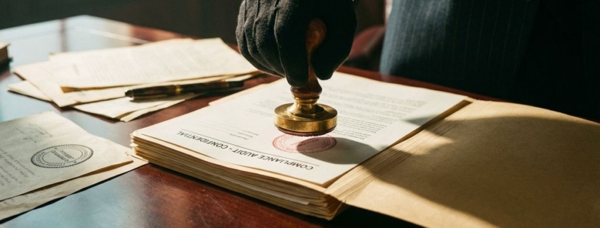 compliance-inspectie-stempel-zakelijk-documentjpg - Hoek en Blok.IT Officiële hand drukt koperen inspectiestempel op compliance-documenten op mahonie bureau met dramatische belichting