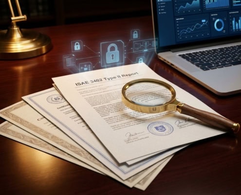 isae-3402-audit-compliance-certificaten-documentenjpg - Hoek en Blok.IT - Hoek en Blok.IT ISAE 3402 auditdocumenten en compliance certificaten op mahonie bureau met vergrootglas en laptop met auditsoftware