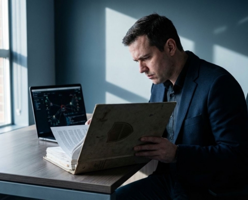 IT-beveiligingsprofessional bestudeert compliance-documentatie met schildembleem naast laptop met netwerkinfrastructuur