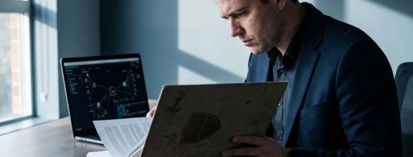 it-security-compliance-document-professional-kantoorjpg - Hoek en Blok.IT IT-beveiligingsprofessional bestudeert compliance-documentatie met schildembleem naast laptop met netwerkinfrastructuur