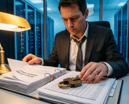 IT-beveiligingsspecialist bestudeert compliance-documentatie met hangslot en sleutel op financiële documenten, serverruimte op achtergrond