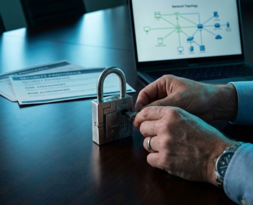 IT-beveiligingsprofessional plaatst laatste puzzelstukje in hangslot-vormige puzzel op vergadertafel met documentatie