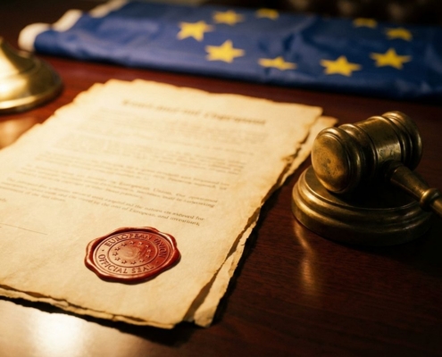eu-juridisch-document-waszegel-hamerjpg - Hoek en Blok.IT - Hoek en Blok.IT Officieel juridisch document met lakzegel op mahonie bureau, koperen hamer ernaast, EU-vlag op achtergrond