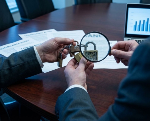 Beveiligingsprofessional onderzoekt keten van hangsloten met vergrootglas op vergadertafel, symboliseert toeleveringsketenrisico