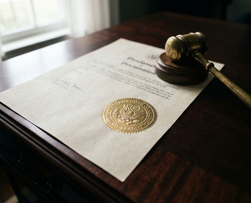 Officieel overheidsdocument met reliëfzegel op mahonie bureau, koperen hamer ernaast, zachte vensterlicht werpt schaduwen