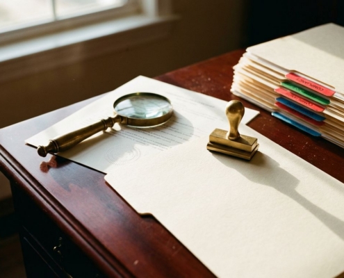 Officieel certificeringsdocument met reliëfzegel onder vergrootglas op mahonie bureau, naast compliance-mappen