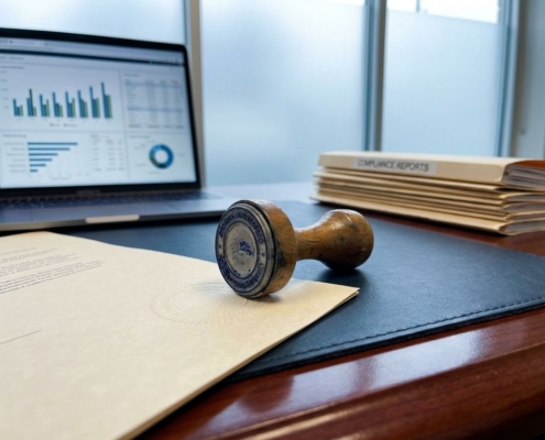 Officiële rubberen stempel op formeel document met reliëfzegels, laptop met financiële grafieken en compliance-mappen op bureau