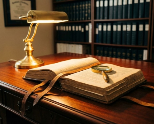 regelgeving-compliance-documenten-bureau-kantoorjpg - Hoek en Blok.IT - Hoek en Blok.IT Messing vergrootglas op leren gebonden compliance-documenten op mahonie bureau, verlicht door vintage bureaulamp