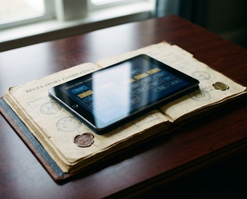 regelgeving-compliance-digitale-transformatie-tabletjpg - Hoek en Blok.IT - Hoek en Blok.IT Digitale tablet met stroomdiagrammen op een geopend vintage compliance-dossier met lakzegels op een mahonie bureau