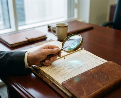 regelgeving-compliance-audit-vergrootglas-kantoorjpg - Hoek en Blok.IT - Hoek en Blok.IT Formele hand houdt koperen vergrootglas boven open compliance-map met documenten op mahonie bureau