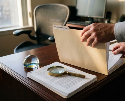 risicobeoordeling-documenten-eu-compliance-kantoorjpg - Hoek en Blok.IT - Hoek en Blok.IT Professionele handen onderzoeken risicobeoordelingsdocumenten met vergrootglas op modern bureau, EU-vlagkleuren in presse-papier