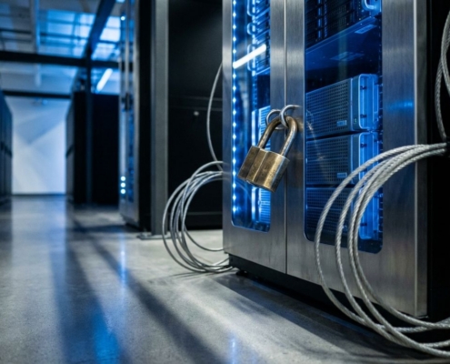 Koperen hangslot op serverrack met blauwe indicatielampjes en stalen kabels in modern datacenter