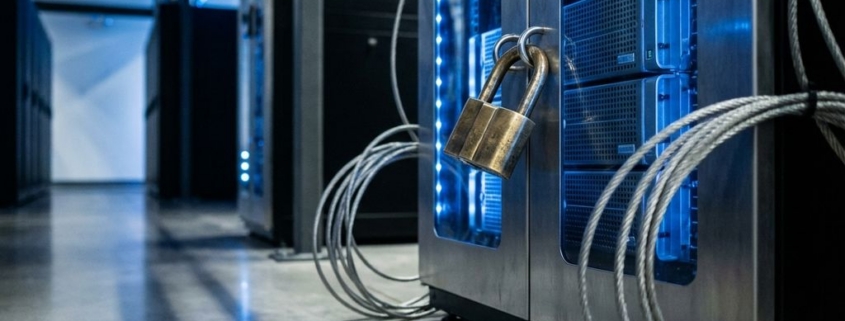 Koperen hangslot op serverrack met blauwe indicatielampjes en stalen kabels in modern datacenter