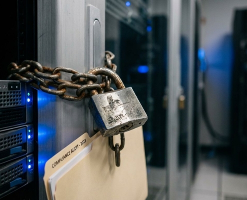Stalen hangslot met krassen beveiligt ketting rond serverrack, compliance-map eronder, blauwe LED-verlichting in datacenter