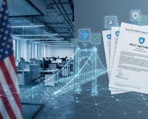 soc2-compliance-amerikaanse-klanten-beveiligingjpg - Hoek en Blok.IT - Hoek en Blok.IT Amerikaanse vlag in modern kantoor verbonden met SOC 2 compliance documenten via digitale brug met beveiligingscertificaten