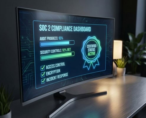SOC 2 compliance dashboard op monitor toont auditvoortgang, beveiligingscontroles en certificatiestatus in moderne kantooromgeving