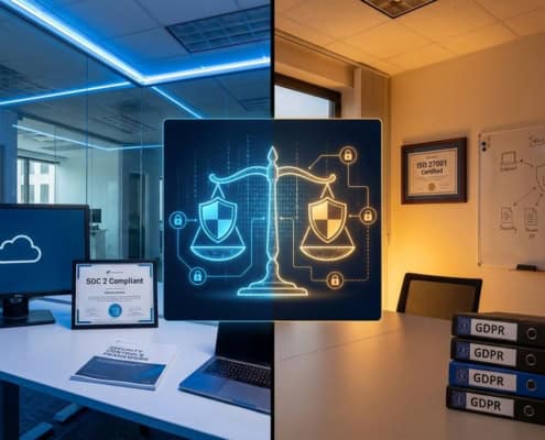 Split-screen vergelijking van SOC 2 compliance (links) en ISO 27001 certificering (rechts) met weegschaal en beveiligingssymbolen