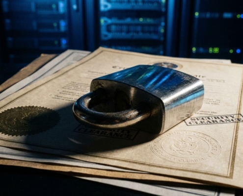 Stalen hangslot op gestapelde beveiligingscertificaten en officiële documenten, dramatische belichting, close-up met filmkorrel