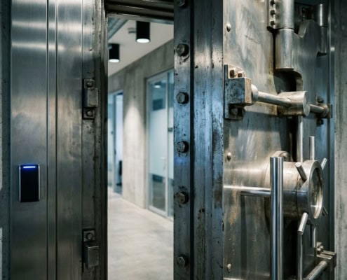 Elektronische keycard-lezer met blauw indicatielampje naast een open stalen kluisdeur met kantoorgang erachter