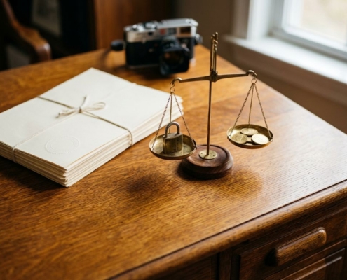 beveiliging-kosten-balans-documenten-schaaljpg - Hoek en Blok.IT - Hoek en Blok.IT Koperen balansweegschaal met hangslot en gouden munten op houten bureau naast officiële documenten met zegels