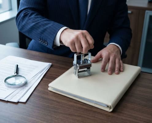 Handen in zakelijk pak plaatsen officieel certificeringsstempel op documentenmap, vergrootglas ernaast op donker houten bureau