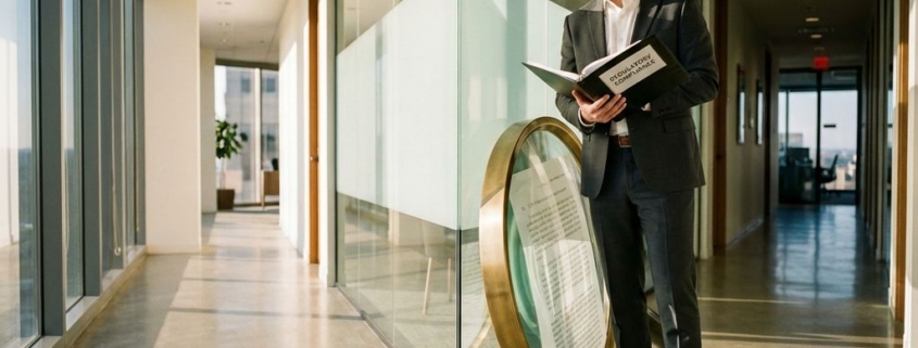 regelgeving-compliance-professional-kantoor-onderzoekjpg - Hoek en Blok.IT Zakelijke professional bij kruispunt in moderne kantoorgang, bestudeert compliance-documenten met vergrootglas in zonlicht