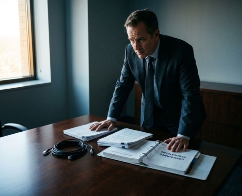 corporate-executive-compliance-boardroom-verantwoordelijkheidjpg - Hoek en Blok.IT - Hoek en Blok.IT Zakenman in pak staat alleen aan lege directietafel, handen op compliance-documenten, dramatische belichting benadrukt verantwoordelijkheid