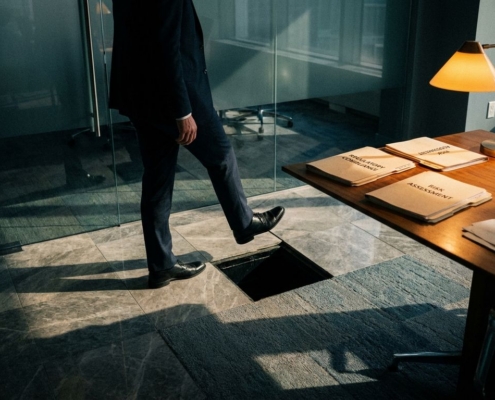 zakelijke-compliance-valkuil-risico-kantoorjpg - Hoek en Blok.IT - Hoek en Blok.IT Zakenman in pak stapt onbewust in verborgen valkuil op kantoorvloer, naast bureau met compliance-documenten