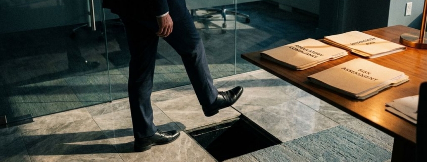 zakelijke-compliance-valkuil-risico-kantoorjpg - Hoek en Blok.IT Zakenman in pak stapt onbewust in verborgen valkuil op kantoorvloer, naast bureau met compliance-documenten