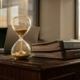Zandloper met stromend zand op houten bureau naast compliance-documenten en laptop in zonlicht kantooromgeving