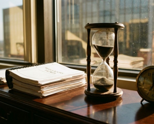 deadline-zandloper-regelgeving-kantoor-tijdjpg - Hoek en Blok.IT - Hoek en Blok.IT Vintage zandloper met bijna leeg donker zand op bureau naast regelgevende documenten en bureauklok op 11:55