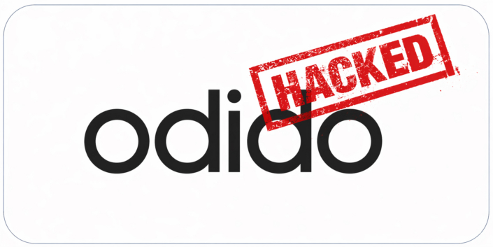 Adidas wordmark with a red 'HACKED' stamp across it on a white background.