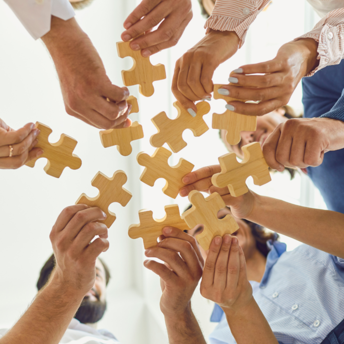 Vrijdagmiddag gesloten 2 - Hoek en Blok.IT - Hoek en Blok.IT Diverse hands join wooden puzzle pieces to form a collaborative circle, symbolizing teamwork.